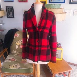 Stylish, chic,high collar, knit sweater. Red & Black Plaid Cardigan Chaps medium